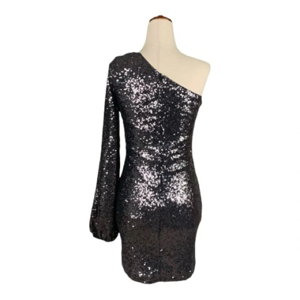 Hello Molly One Shoulder Sequin Black Mini Party Dress Bodycon Cocktail Size Med - Picture 3 of 12